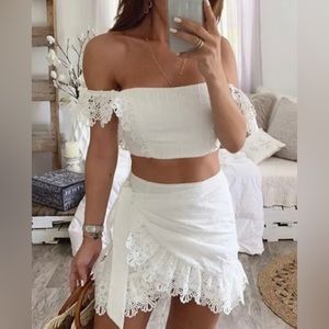 Women Slash Neck Sleeveless Hollow Out Bandage Bodycon Mini Skirt 2 Pieces Set.